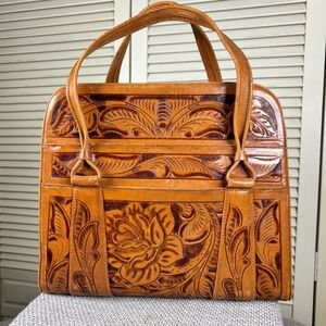 Avelar's Hand Tooled Floral Tan Leather Satchel Bag 1960s Vintage Mexican Purse